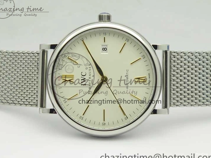 MIROTIME 0327 Breathable Portofino IW356501 SS V3 MK 1:1 Best Edition White Dial Gold Markers On SS Mesh Bracelet MIYOTA 7197